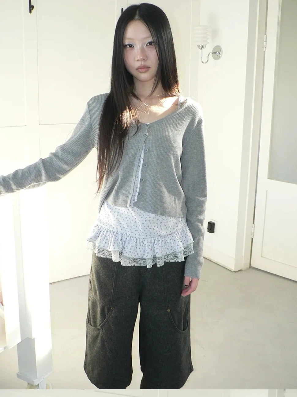 ang project Floral Lace Up Knit Cardigan Two Piece Set Set