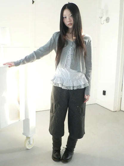 ang project Floral Lace Up Knit Cardigan Two Piece Set Set