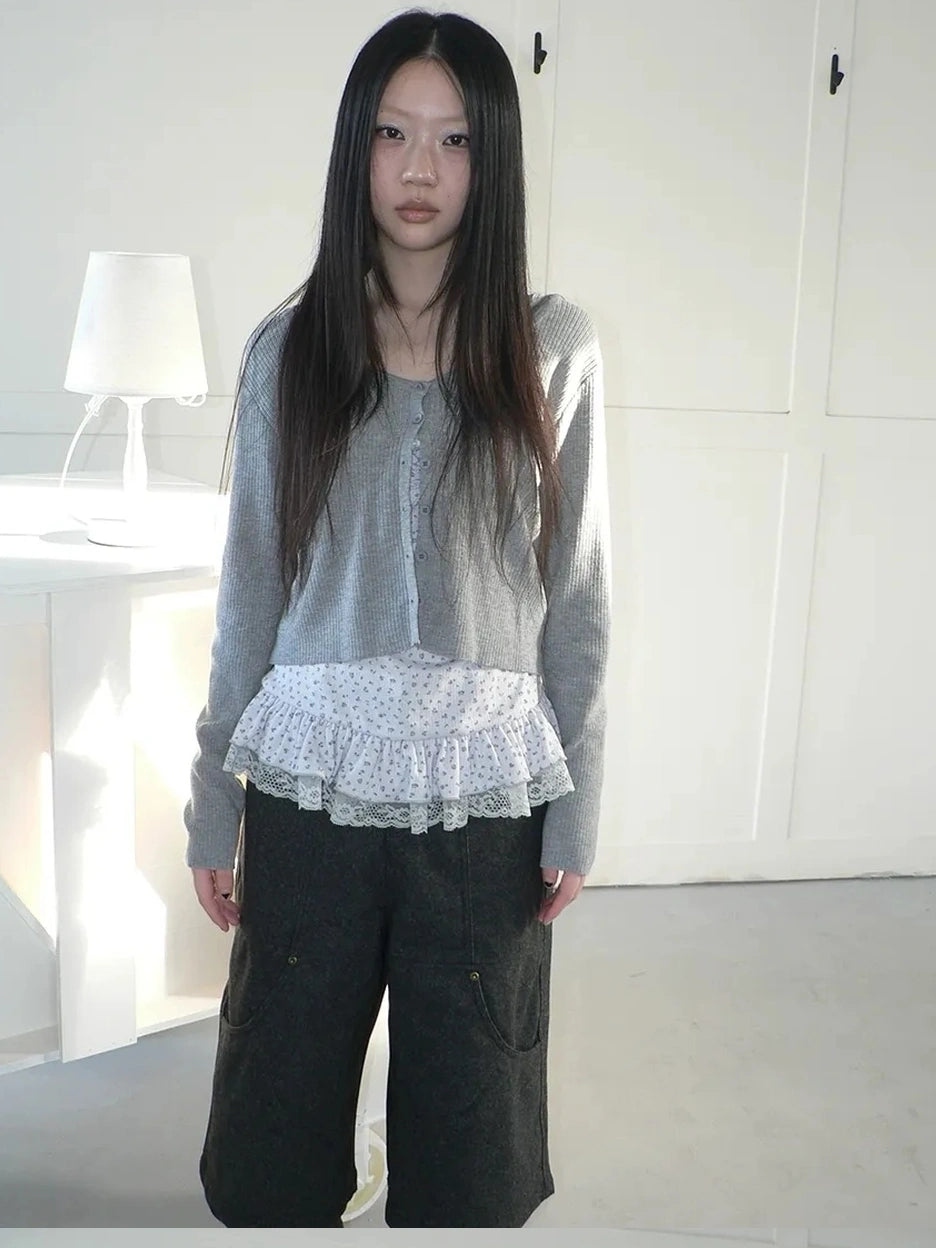 ang project Floral Lace Up Knit Cardigan Two Piece Set Set