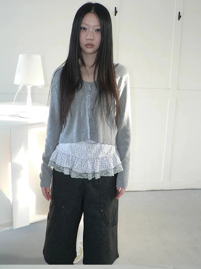 ang project Floral Lace Up Knit Cardigan Two Piece Set Set