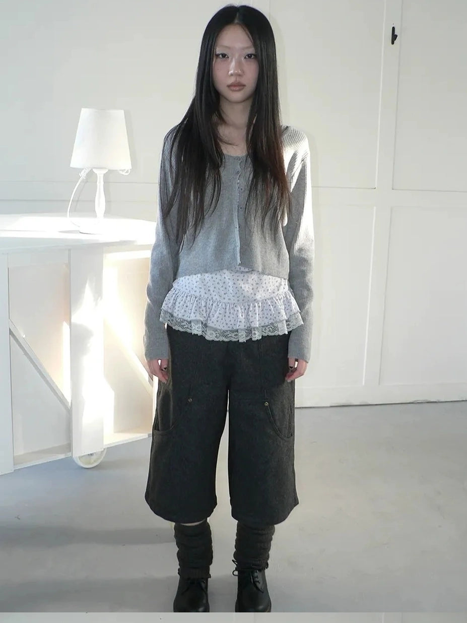 ang project Floral Lace Up Knit Cardigan Two Piece Set Set