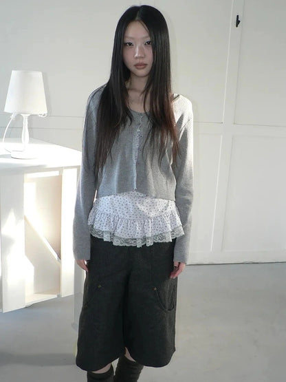 ang project Floral Lace Up Knit Cardigan Two Piece Set Set