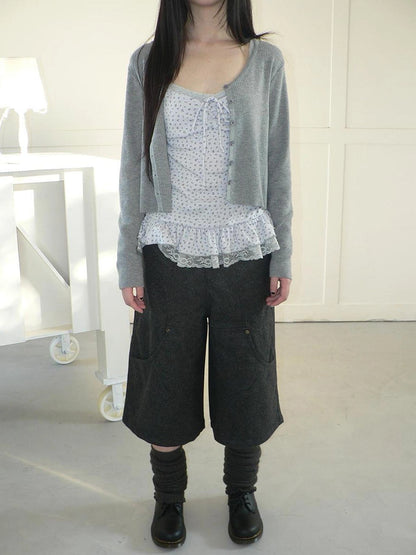 ang project Floral Lace Up Knit Cardigan Two Piece Set Set