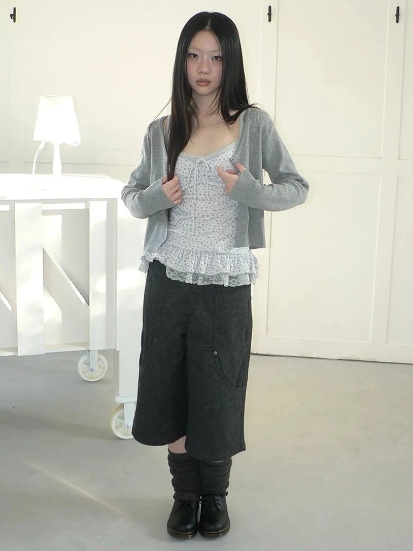 ang project Floral Lace Up Knit Cardigan Two Piece Set Set