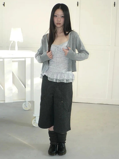 ang project Floral Lace Up Knit Cardigan Two Piece Set Set