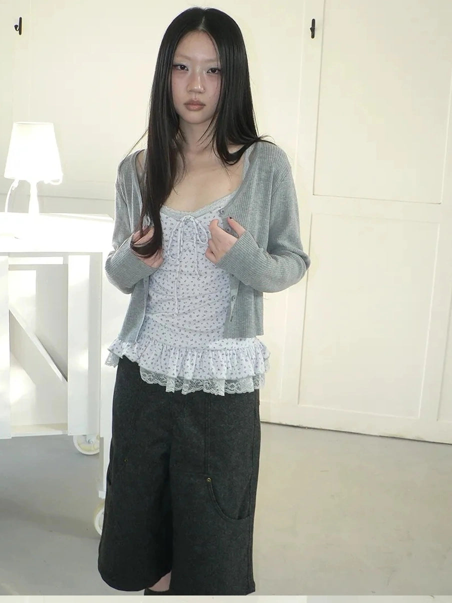 ang project Floral Lace Up Knit Cardigan Two Piece Set Set