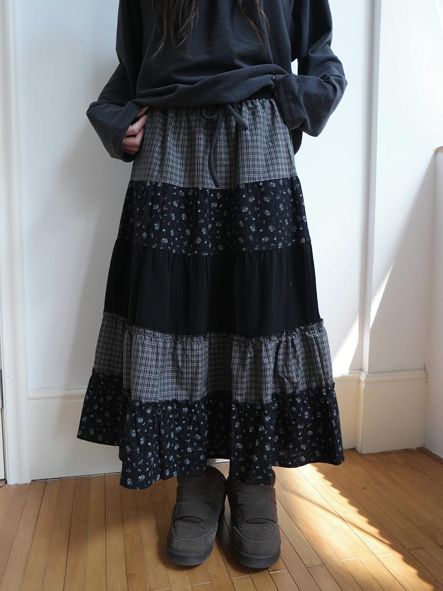 ang project Floral Plaid Patchwork Elastic Waist A Line Women&