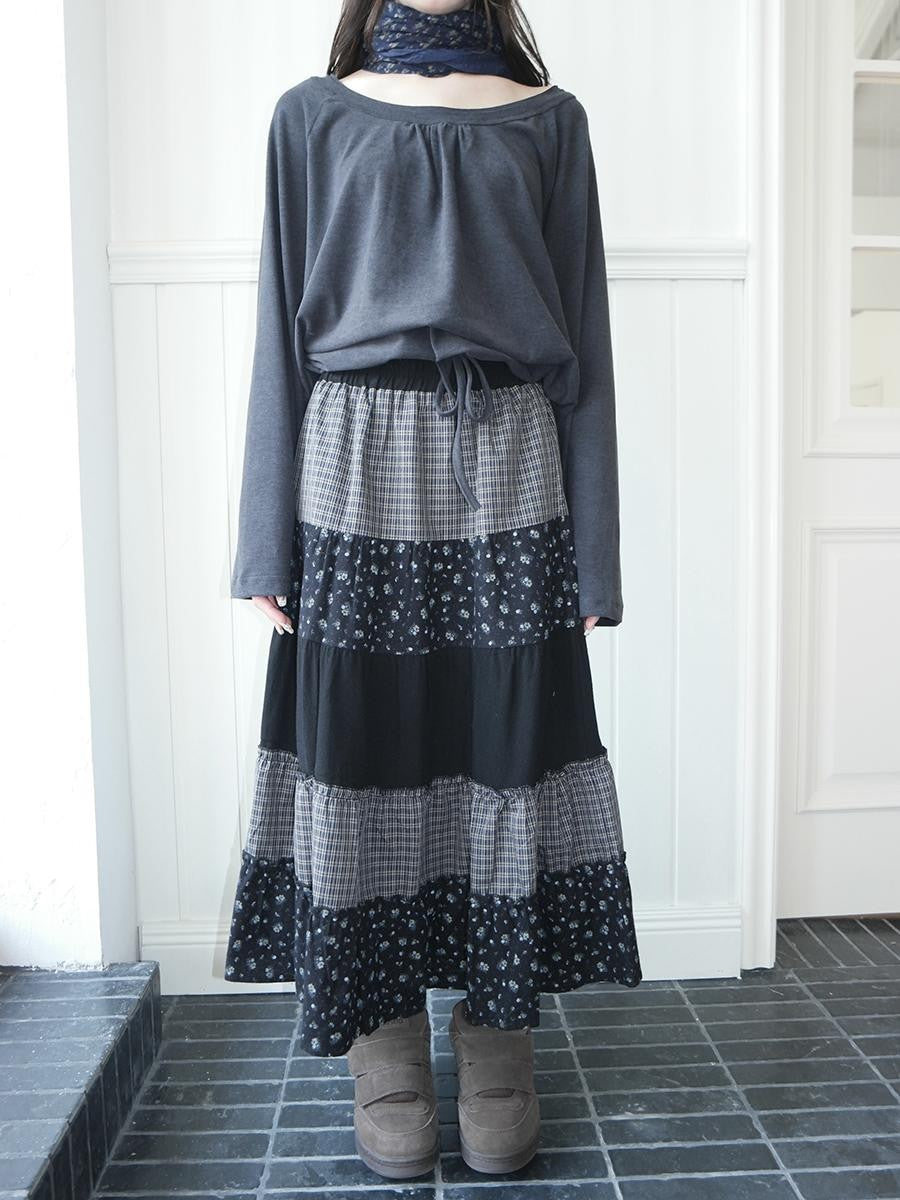 ang project Floral Plaid Patchwork Elastic Waist A Line Women&