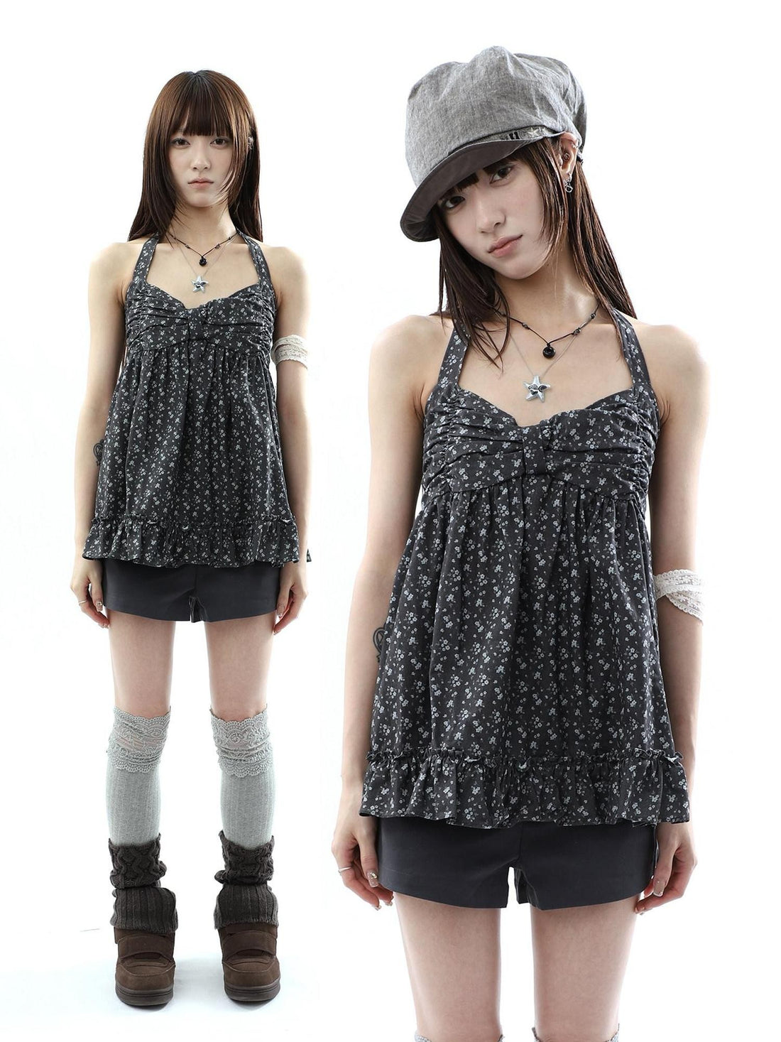 ang project Floral Print Ruffle Halter Tie V-neck Loose Women&