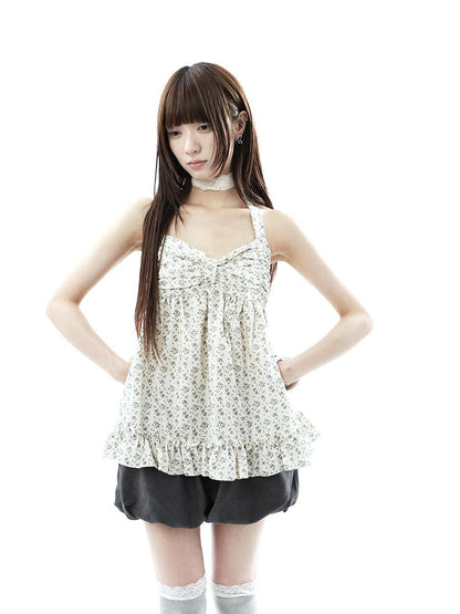 ang project Floral Print Ruffle Halter Tie V-neck Loose Women&