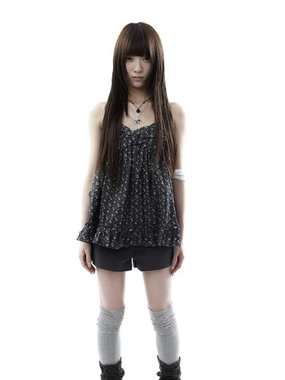 ang project Floral Print Ruffle Halter Tie V-neck Loose Women&