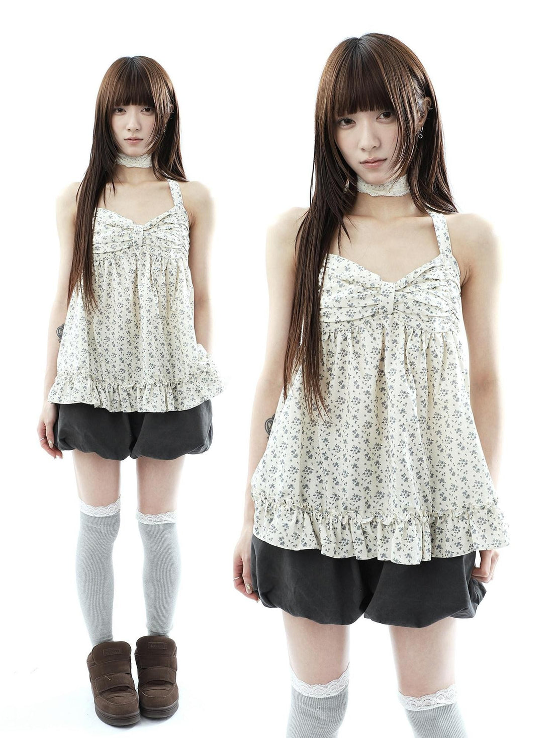 ang project Floral Print Ruffle Halter Tie V-neck Loose Women&