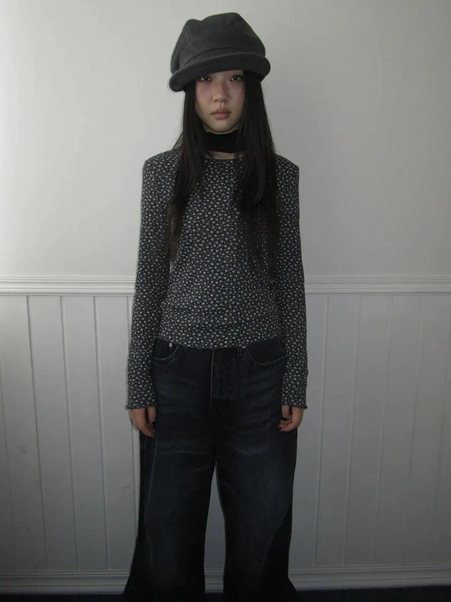 ang project Floral Ruffle Sleeve Stretch Top T-shirt