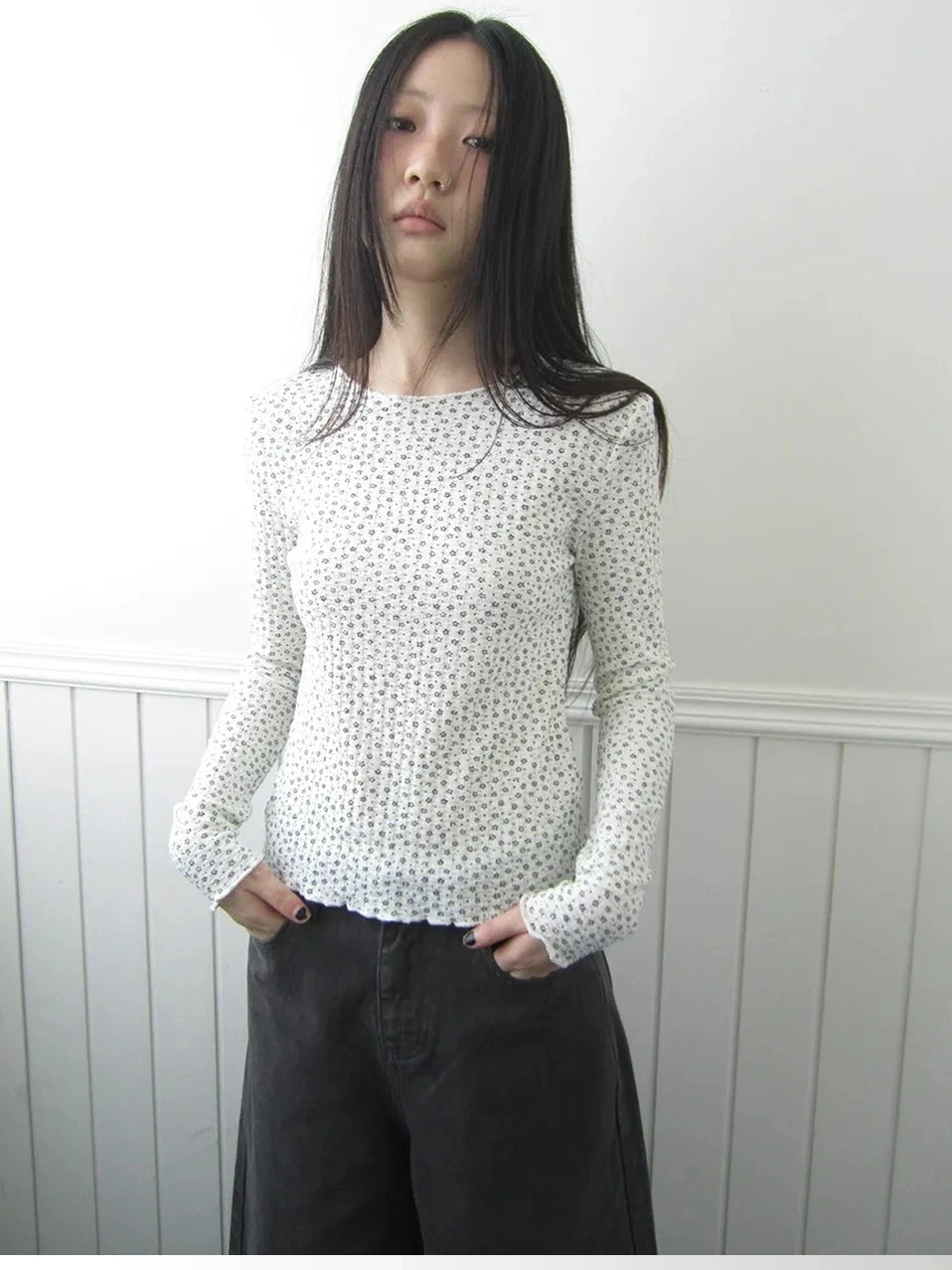 ang project Floral Ruffle Sleeve Stretch Top T-shirt