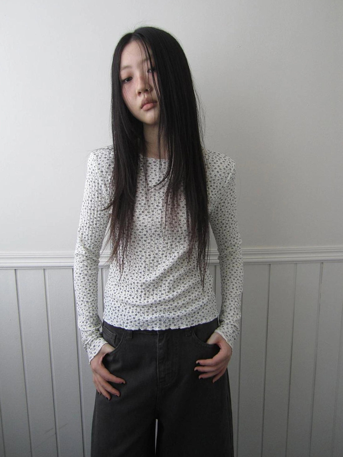 ang project Floral Ruffle Sleeve Stretch Top T-shirt