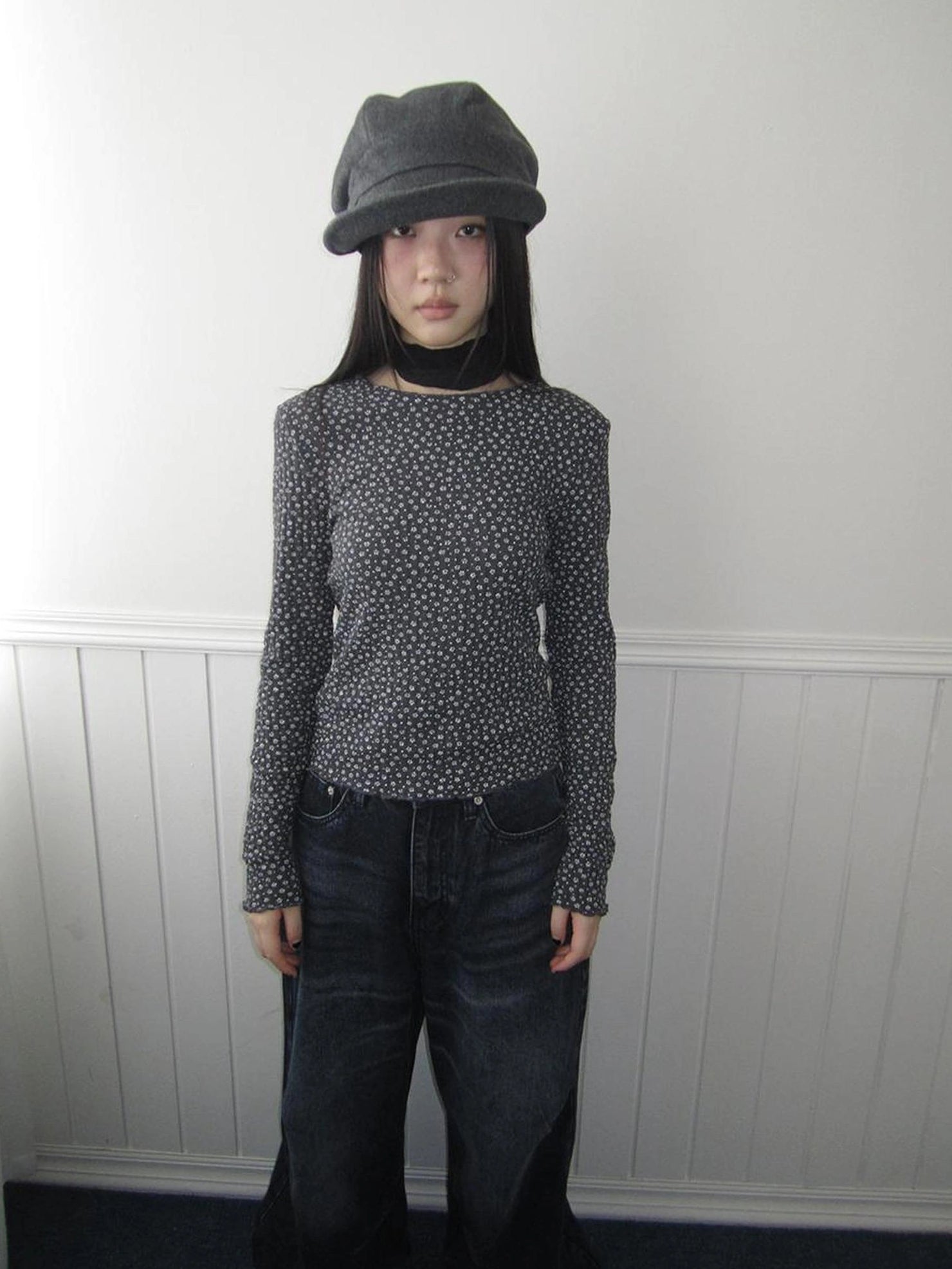 ang project Floral Ruffle Sleeve Stretch Top T-shirt