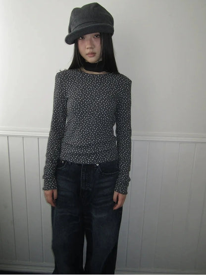 ang project Floral Ruffle Sleeve Stretch Top T-shirt