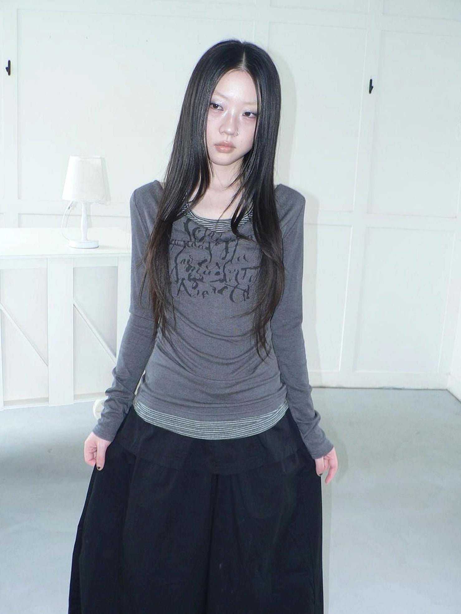 ang project Flowy Floral Print Layered Neckline Striped Long Sleeve Tee T-shirt