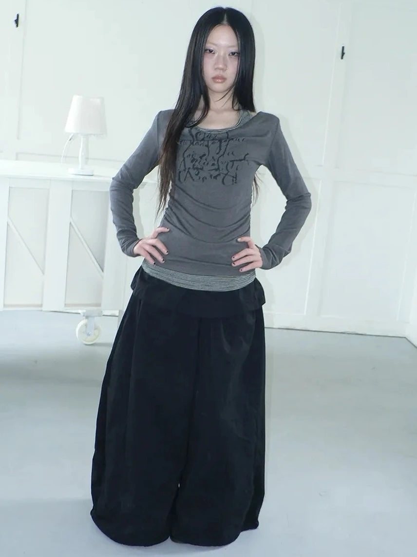 ang project Flowy Floral Print Layered Neckline Striped Long Sleeve Tee T-shirt