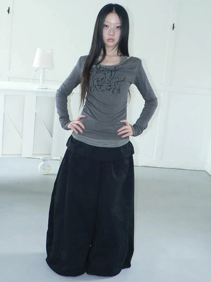 ang project Flowy Floral Print Layered Neckline Striped Long Sleeve Tee T-shirt