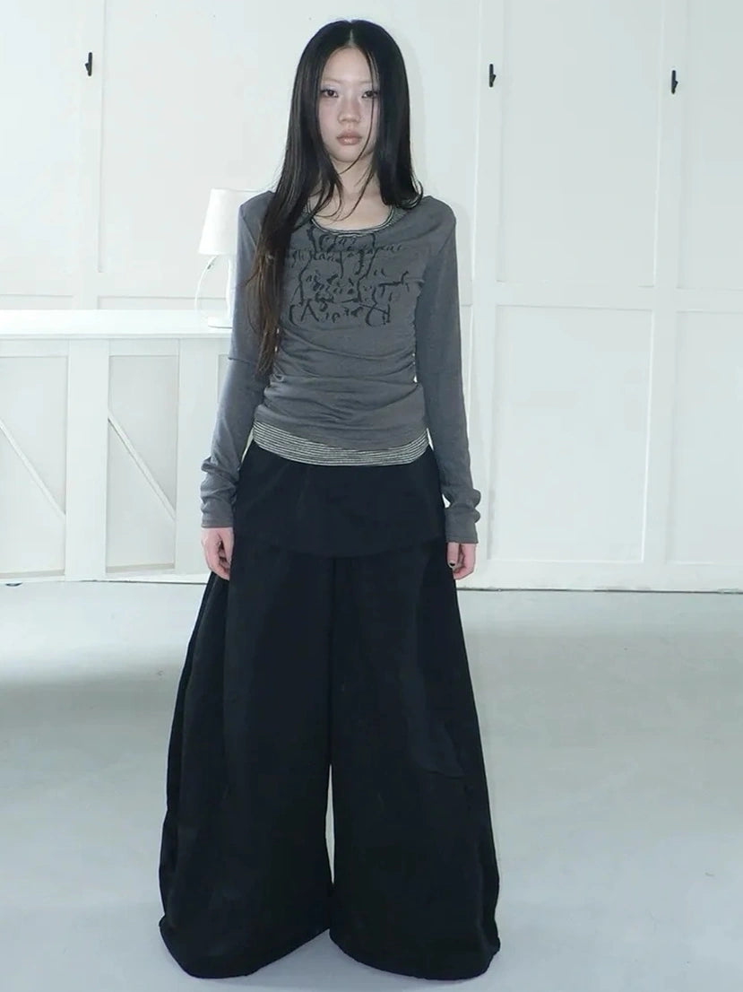 ang project Flowy Floral Print Layered Neckline Striped Long Sleeve Tee T-shirt