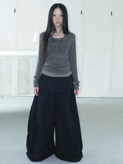 ang project Flowy Floral Print Layered Neckline Striped Long Sleeve Tee T-shirt