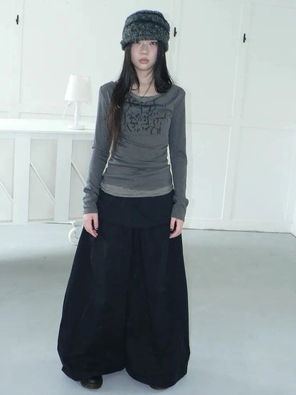 ang project Flowy Floral Print Layered Neckline Striped Long Sleeve Tee T-shirt