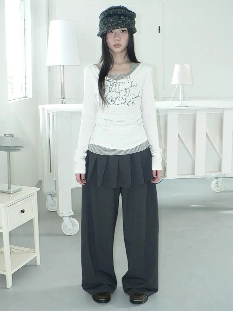 ang project Flowy Floral Print Layered Neckline Striped Long Sleeve Tee T-shirt