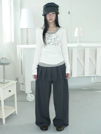 ang project Flowy Floral Print Layered Neckline Striped Long Sleeve Tee T-shirt