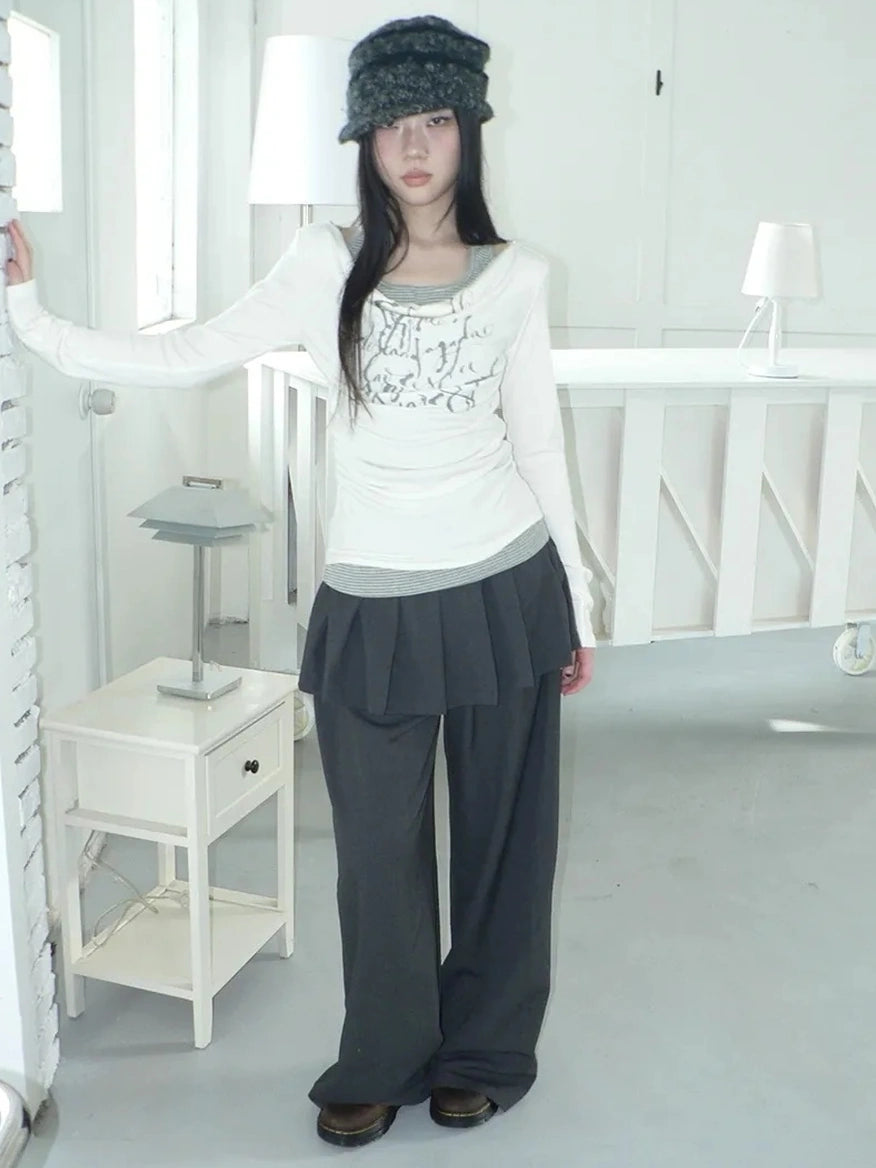 ang project Flowy Floral Print Layered Neckline Striped Long Sleeve Tee T-shirt