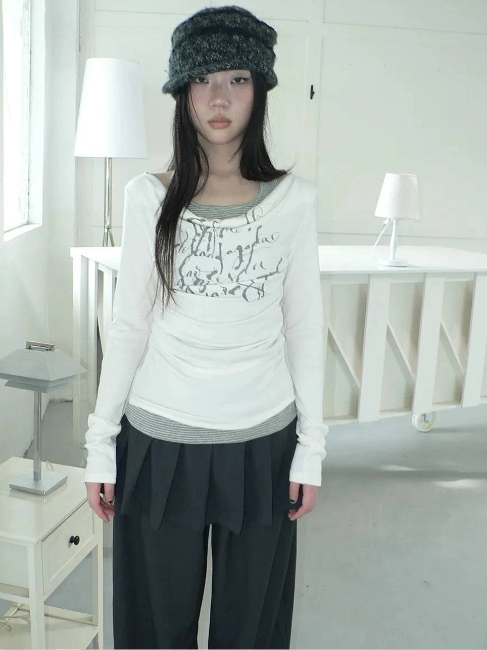 ang project Flowy Floral Print Layered Neckline Striped Long Sleeve Tee T-shirt