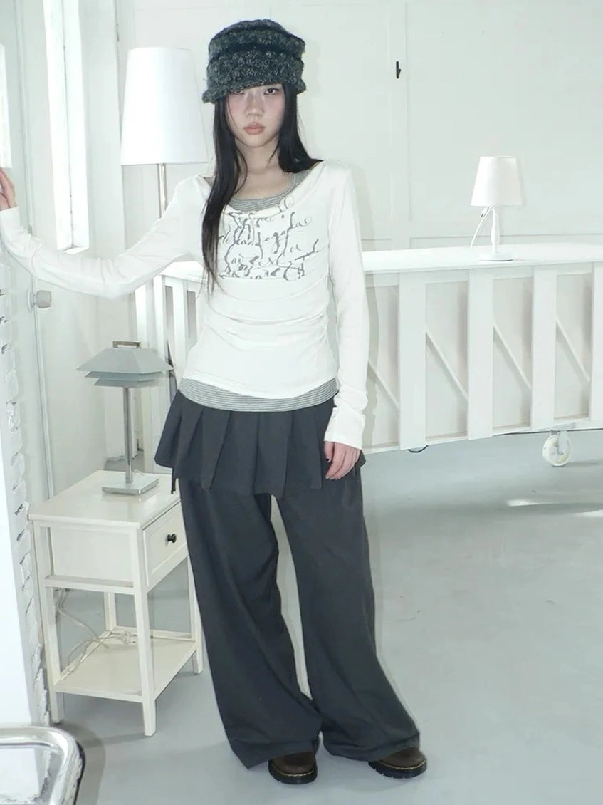 ang project Flowy Floral Print Layered Neckline Striped Long Sleeve Tee T-shirt