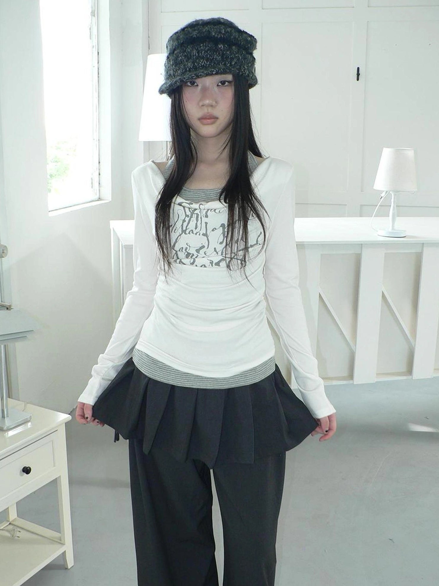 ang project Flowy Floral Print Layered Neckline Striped Long Sleeve Tee T-shirt