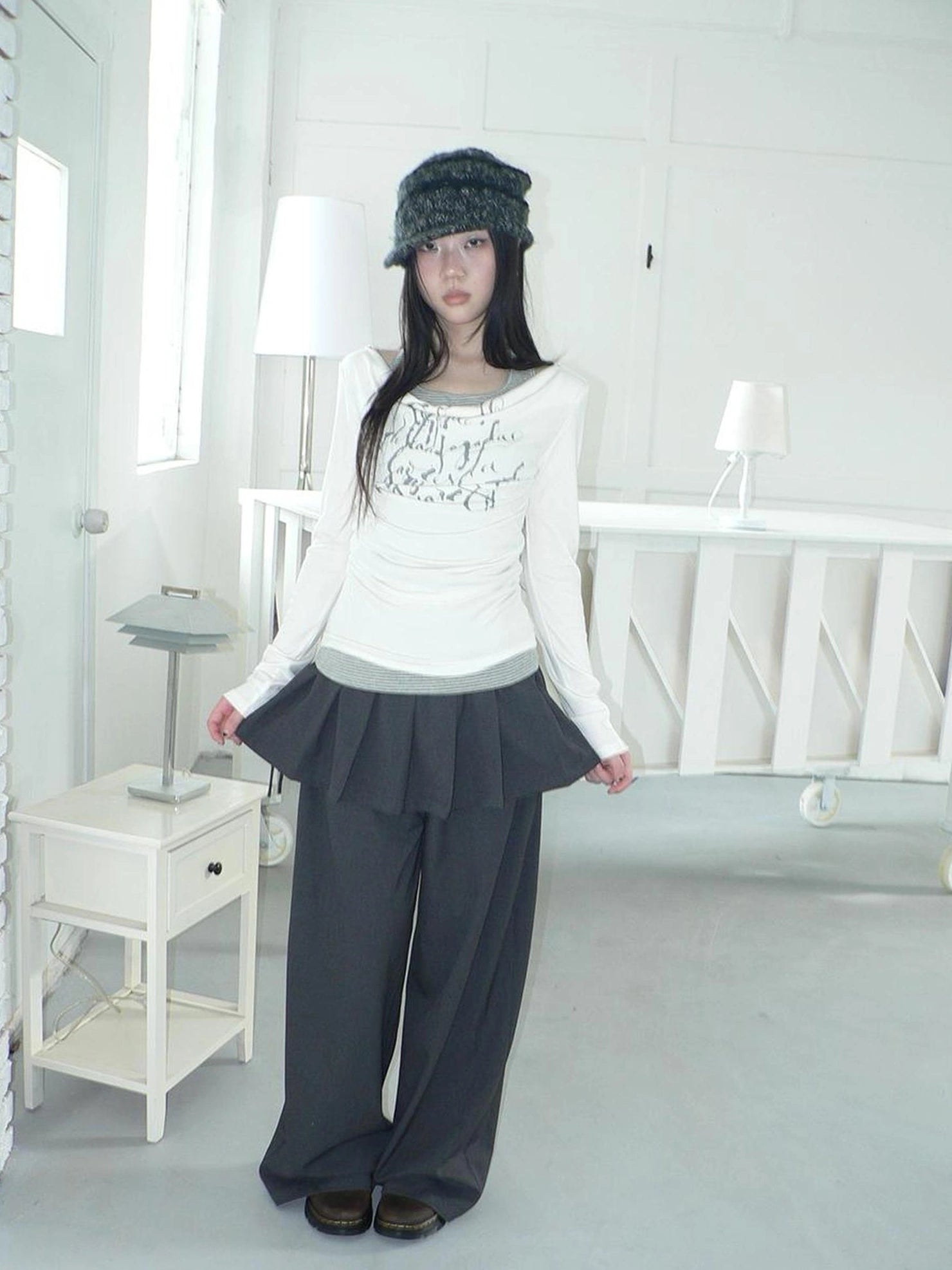 ang project Flowy Floral Print Layered Neckline Striped Long Sleeve Tee T-shirt