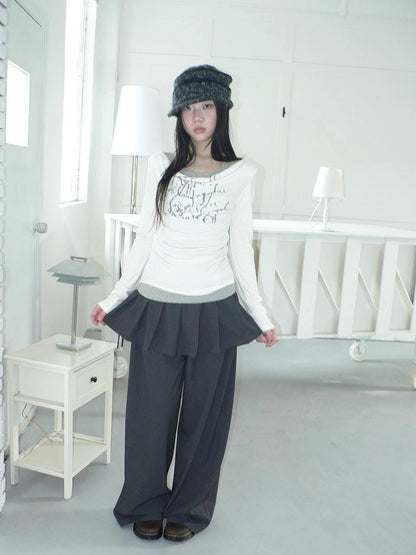 ang project Flowy Floral Print Layered Neckline Striped Long Sleeve Tee T-shirt