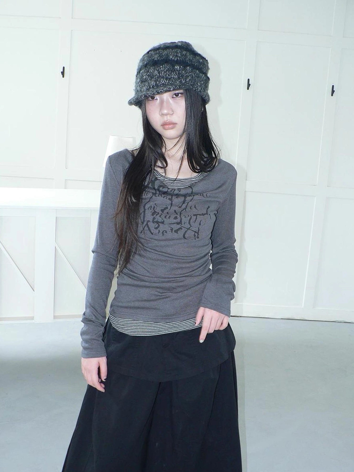 ang project Flowy Floral Print Layered Neckline Striped Long Sleeve Tee T-shirt