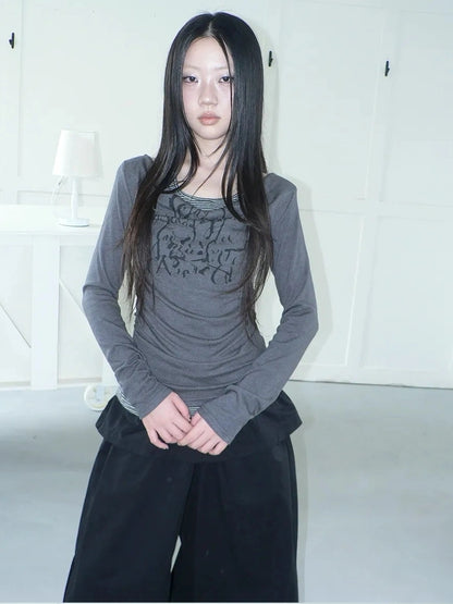 ang project Flowy Floral Print Layered Neckline Striped Long Sleeve Tee T-shirt