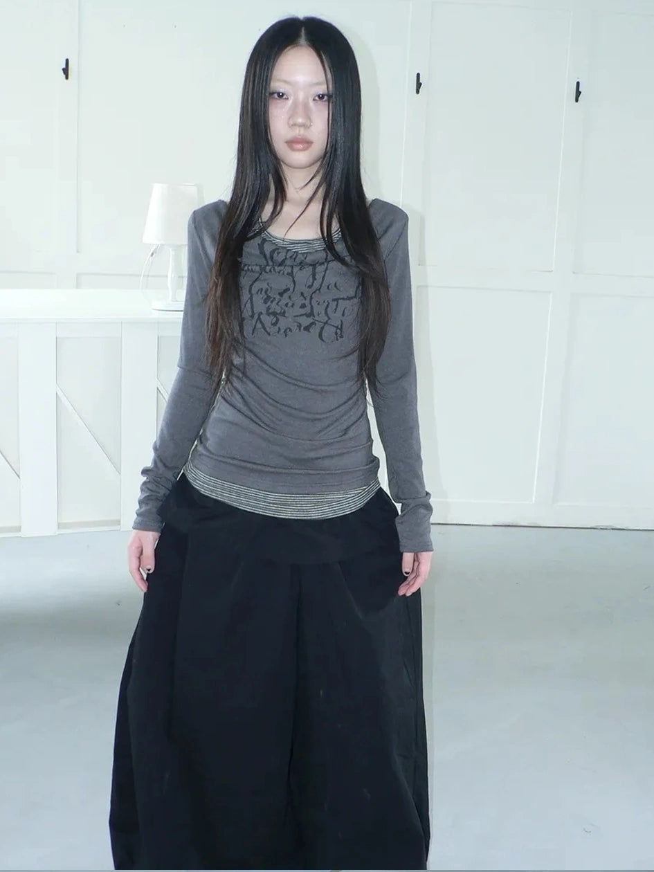 ang project Flowy Floral Print Layered Neckline Striped Long Sleeve Tee T-shirt