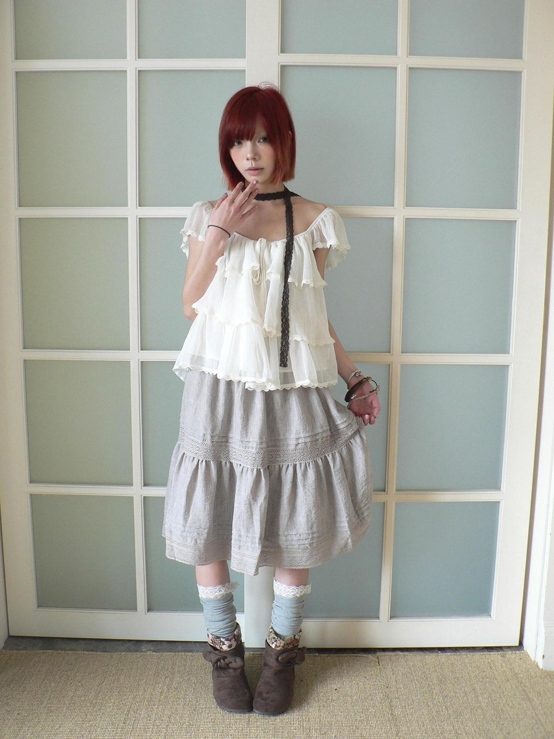 ang project Forest Layered Lace Tie Straight Neckline Flutter Sleeve Women&