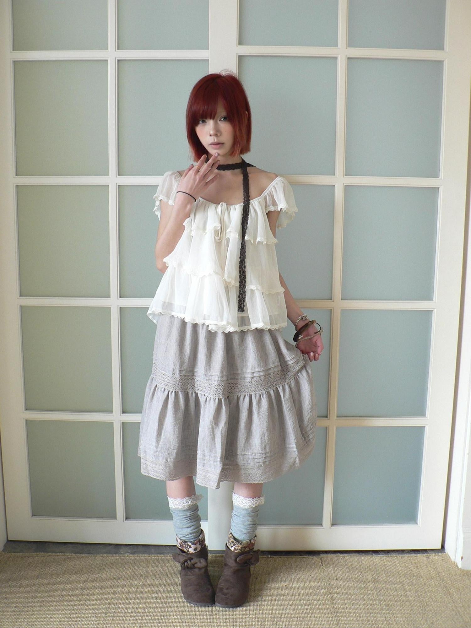 ang project Forest Layered Lace Tie Straight Neckline Flutter Sleeve Women&