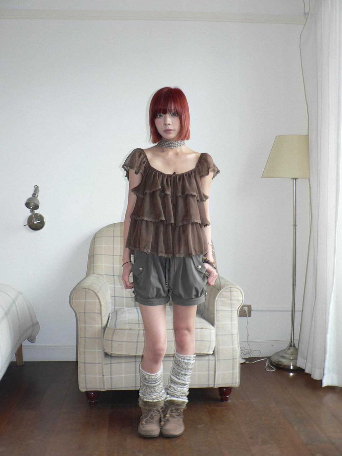 ang project Forest Layered Lace Tie Straight Neckline Flutter Sleeve Women&