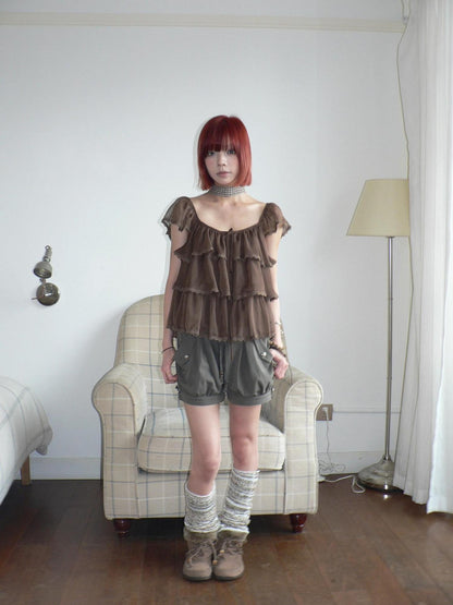 ang project Forest Layered Lace Tie Straight Neckline Flutter Sleeve Women&