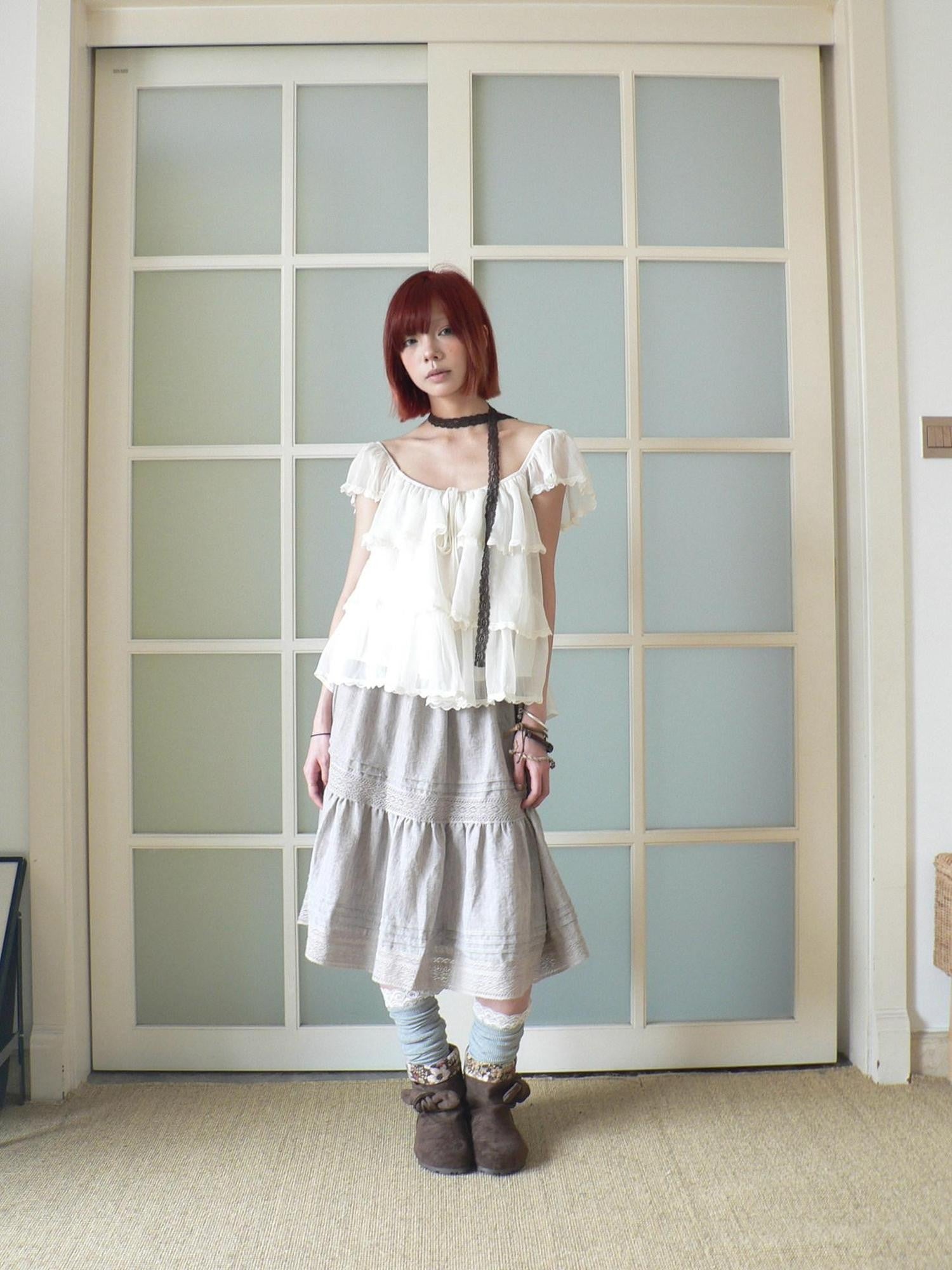 ang project Forest Layered Lace Tie Straight Neckline Flutter Sleeve Women&