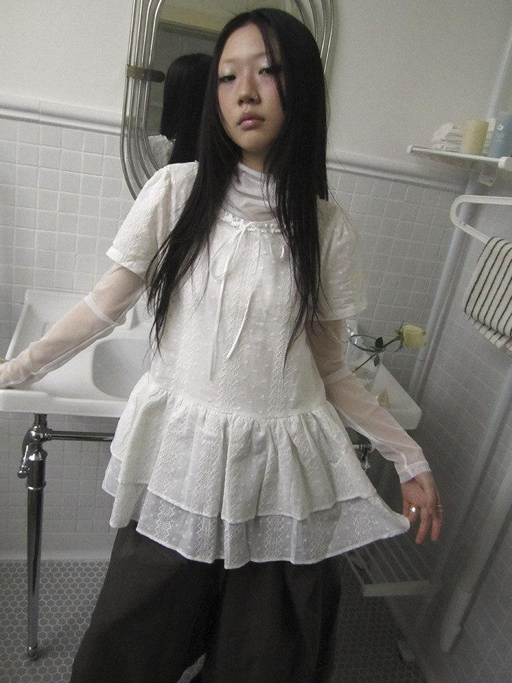 ang project French Hollow Embroidery Double Ruffle Hem Women&