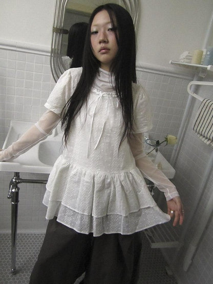 ang project French Hollow Embroidery Double Ruffle Hem Women&