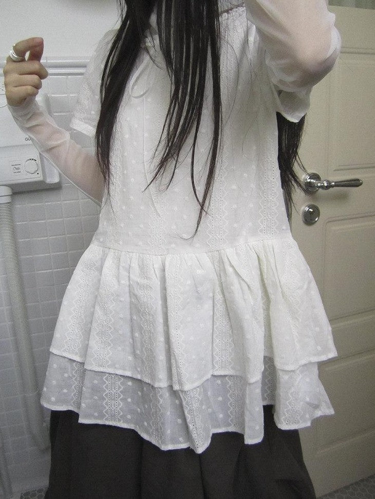 ang project French Hollow Embroidery Double Ruffle Hem Women&