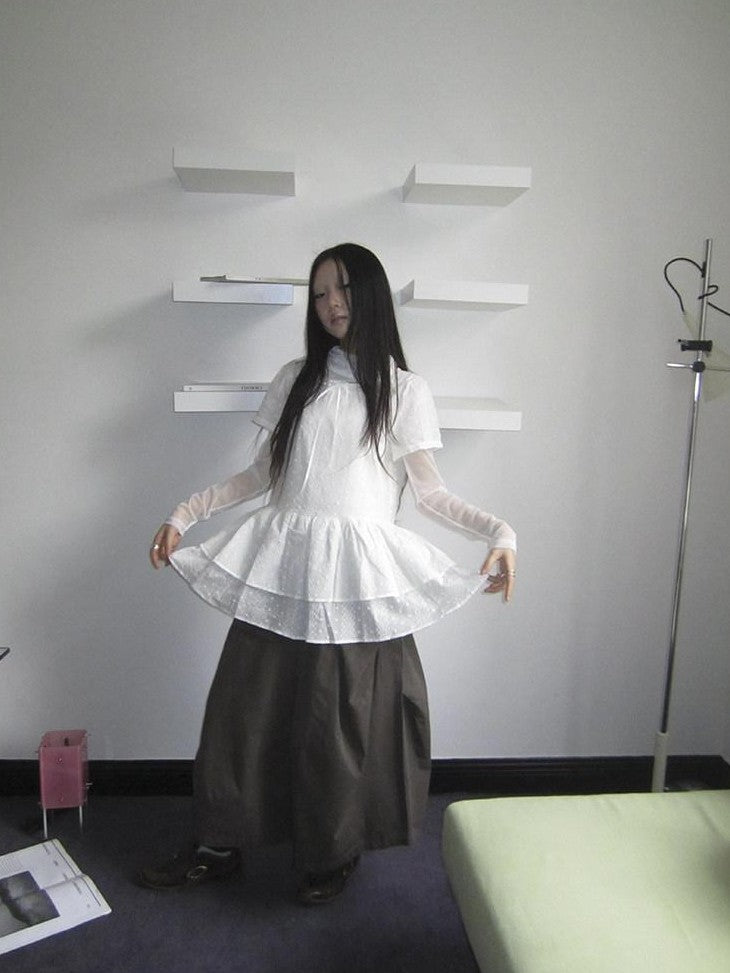 ang project French Hollow Embroidery Double Ruffle Hem Women&
