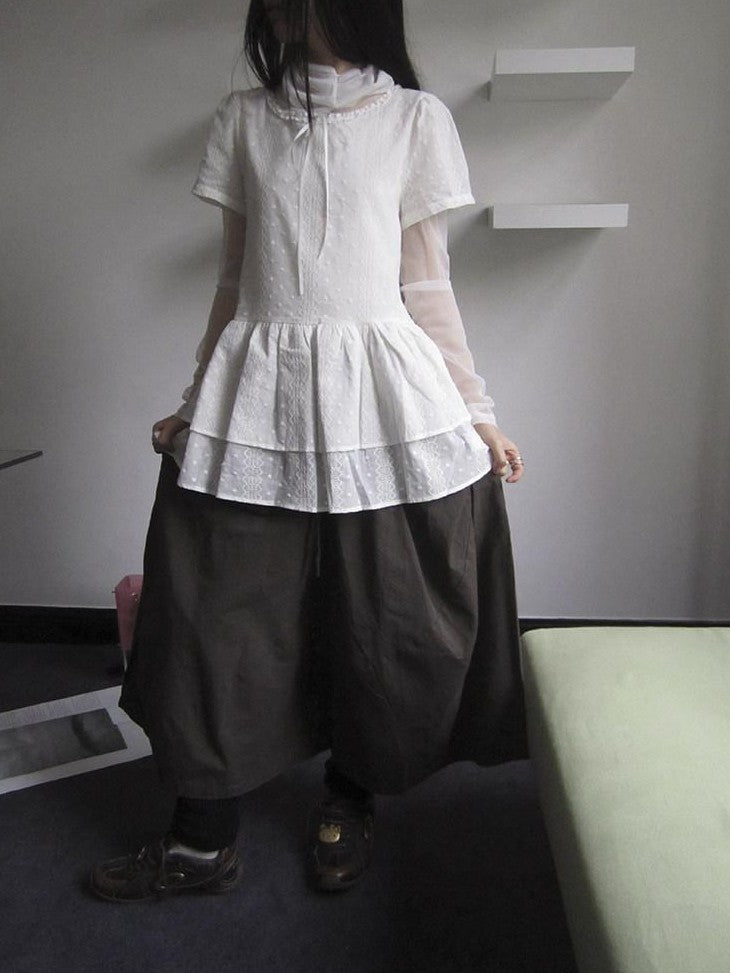 ang project French Hollow Embroidery Double Ruffle Hem Women&