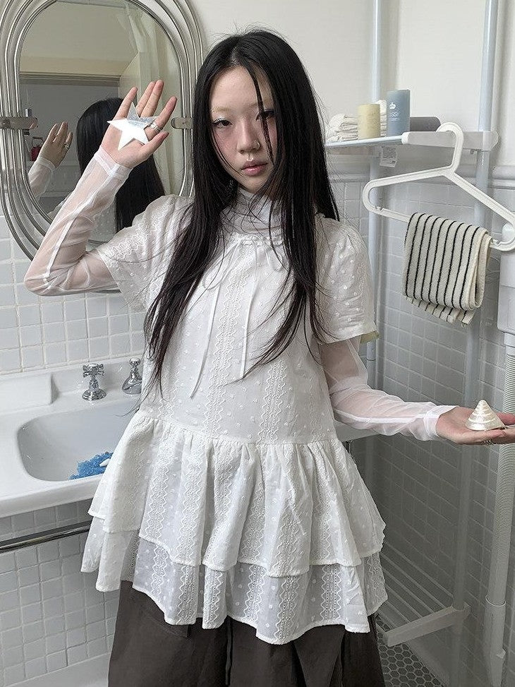 ang project French Hollow Embroidery Double Ruffle Hem Women&