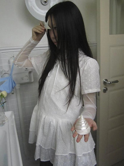 French Lace Embroidered White Tiered Hem Short Sleeve Top